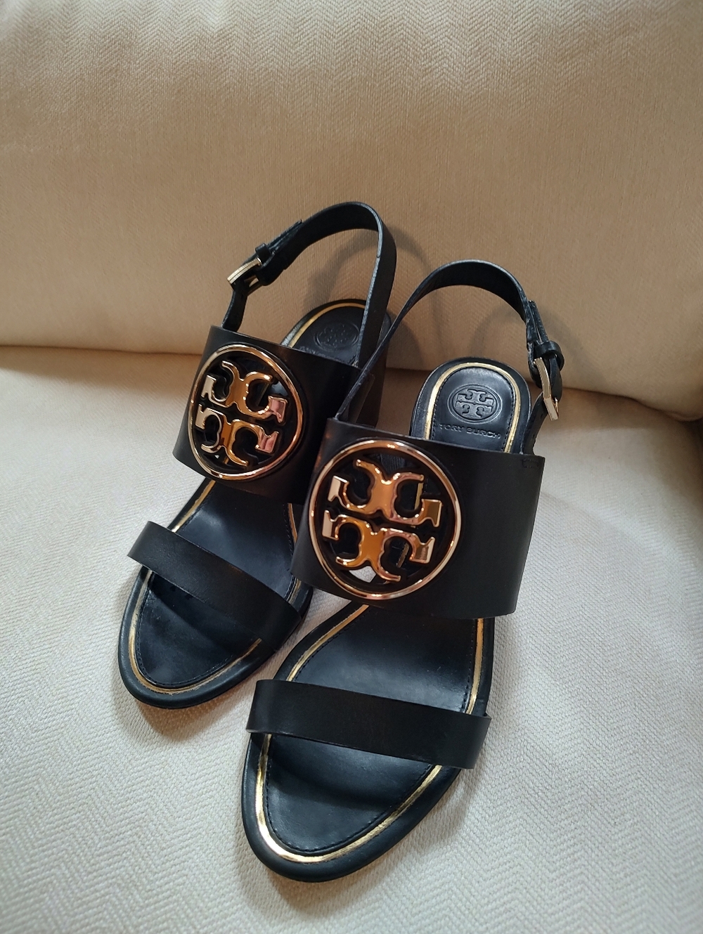 Tory Burch Black Leather Sandals with Gold Logo Medallions